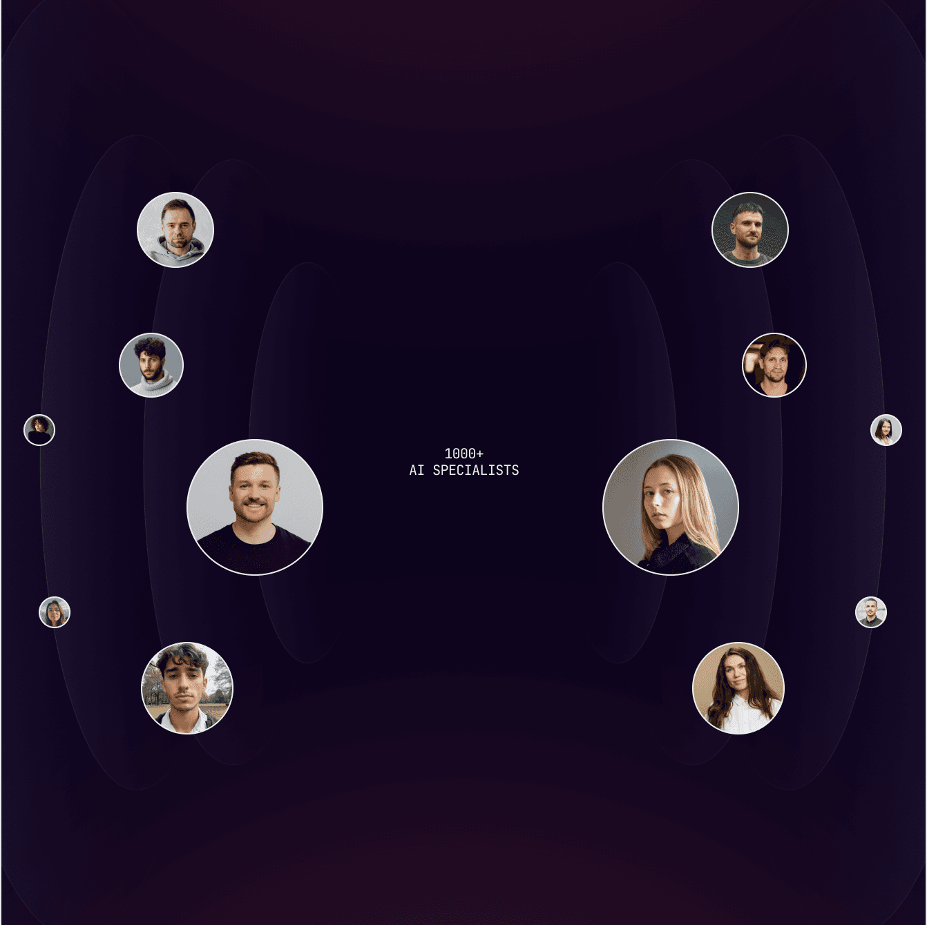 Dark panel with embedded AI specialists across the network.
